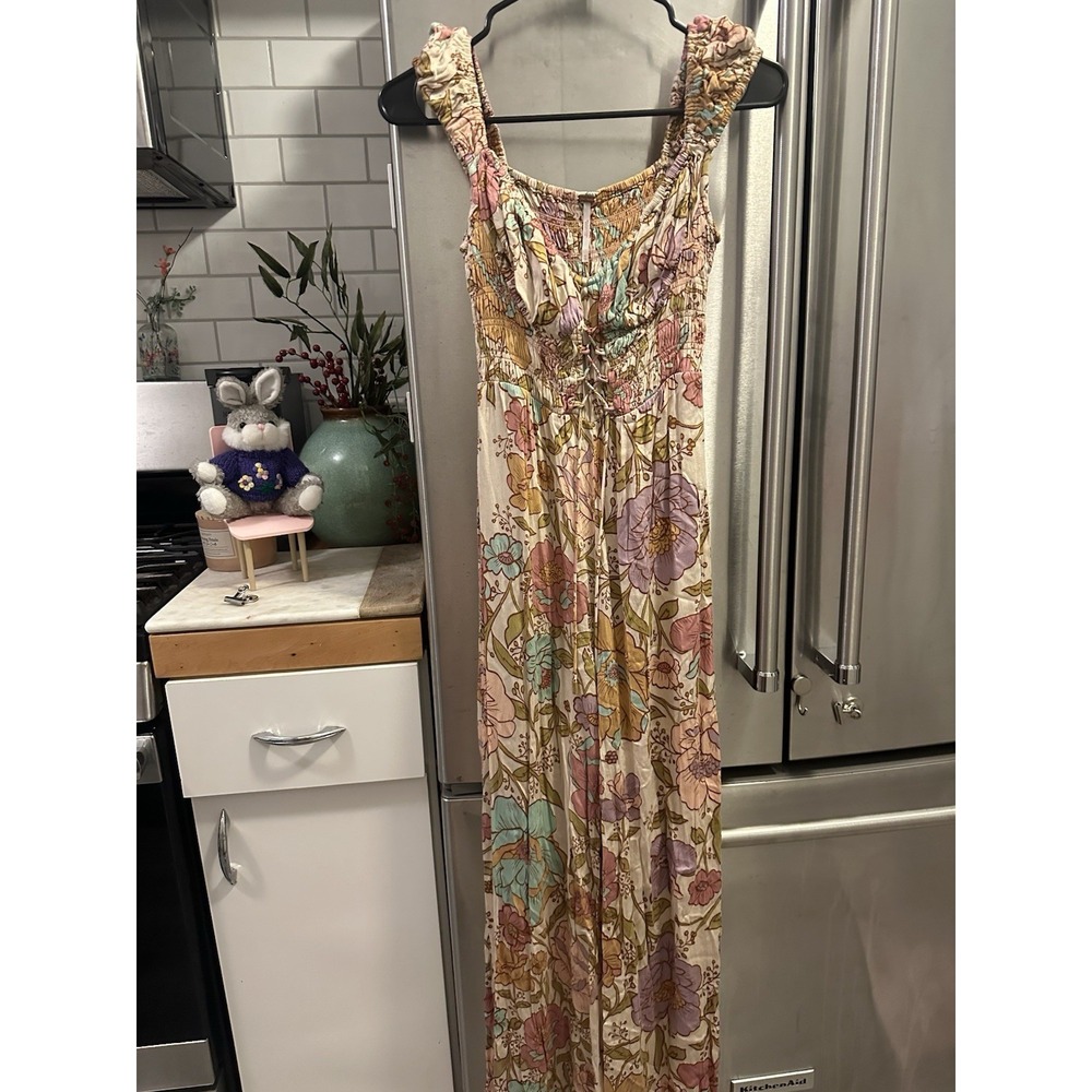 Free People‎ Rolling Hills Jumpsuit In Tea Combo Floral Smocked W Wide Legs XS